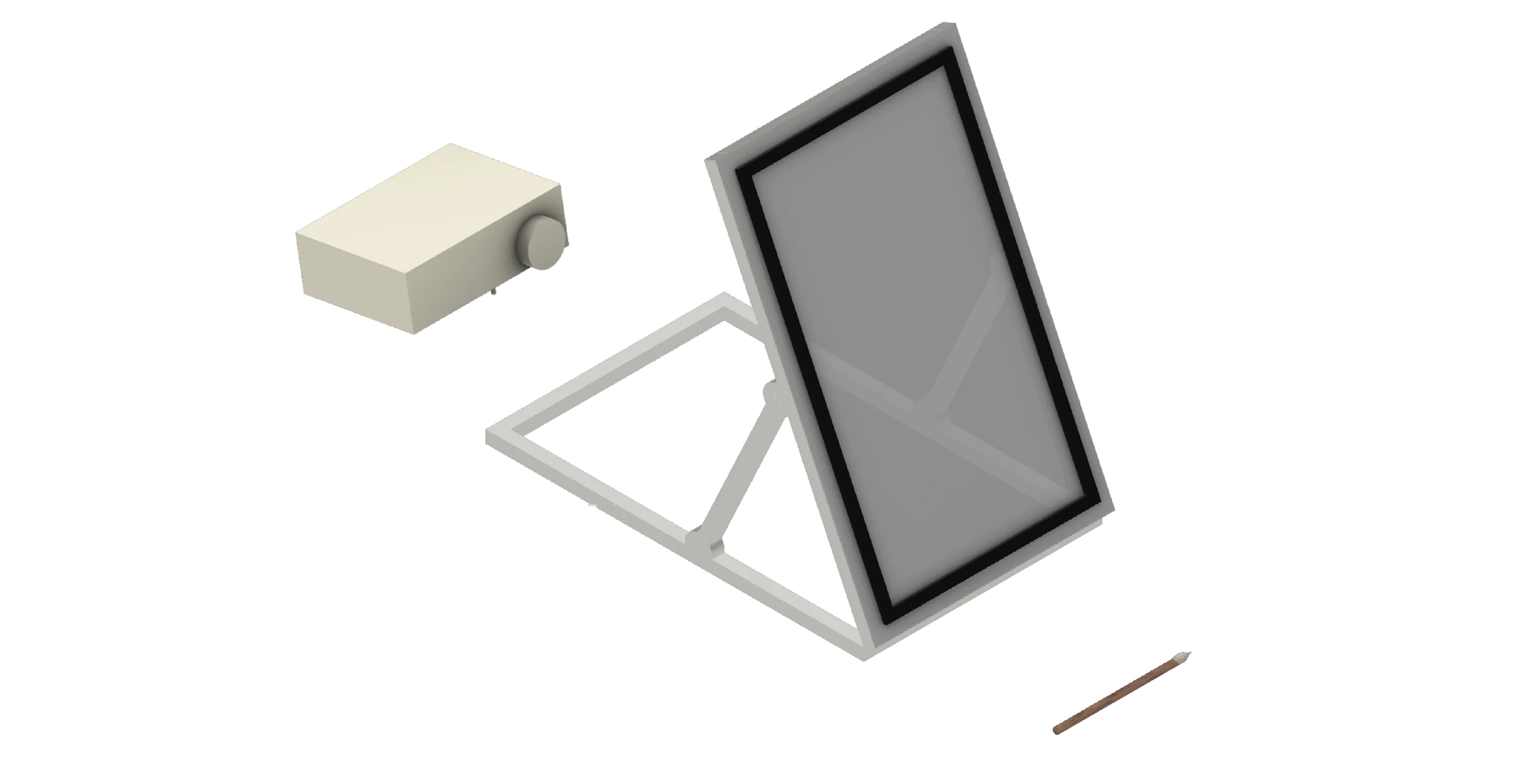 Rendering of the installation: a projector on the floor behind a tilted canvas on an aluminium extrusion frame, with a calligraphy brush